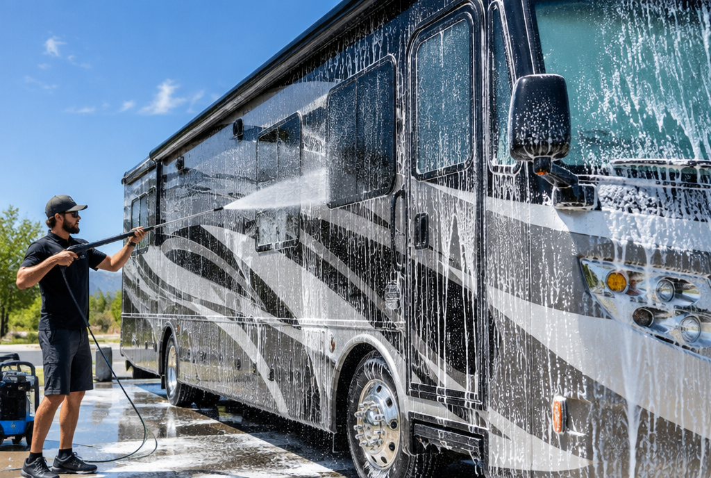 RV receiving a thick foam wash to safely lift dirt and road grime