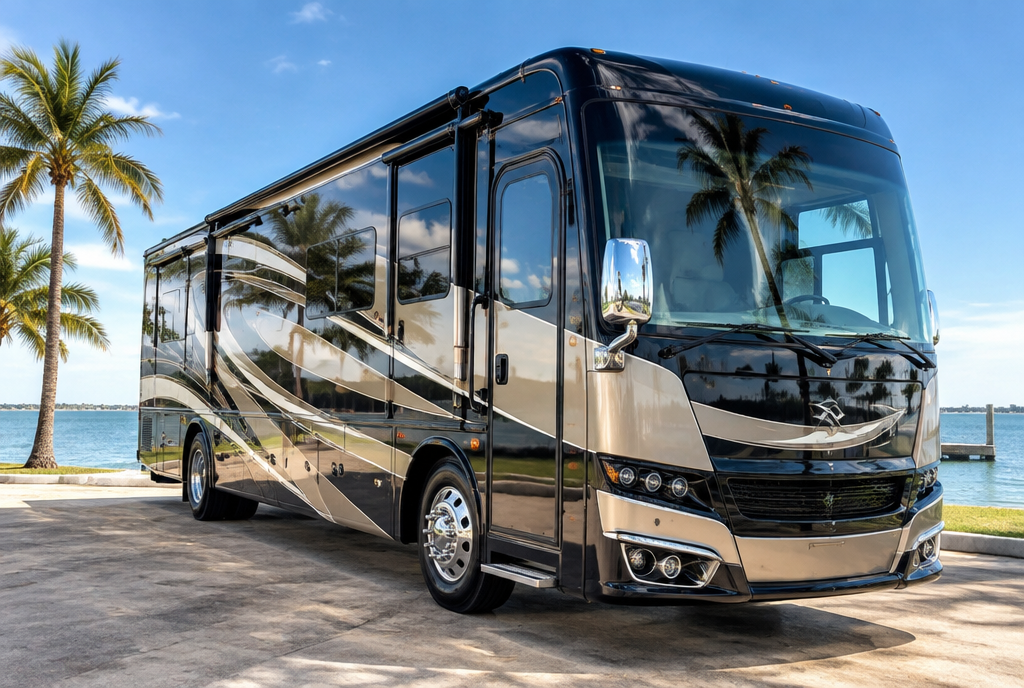 RV exterior polished to a high-gloss finish after detailing